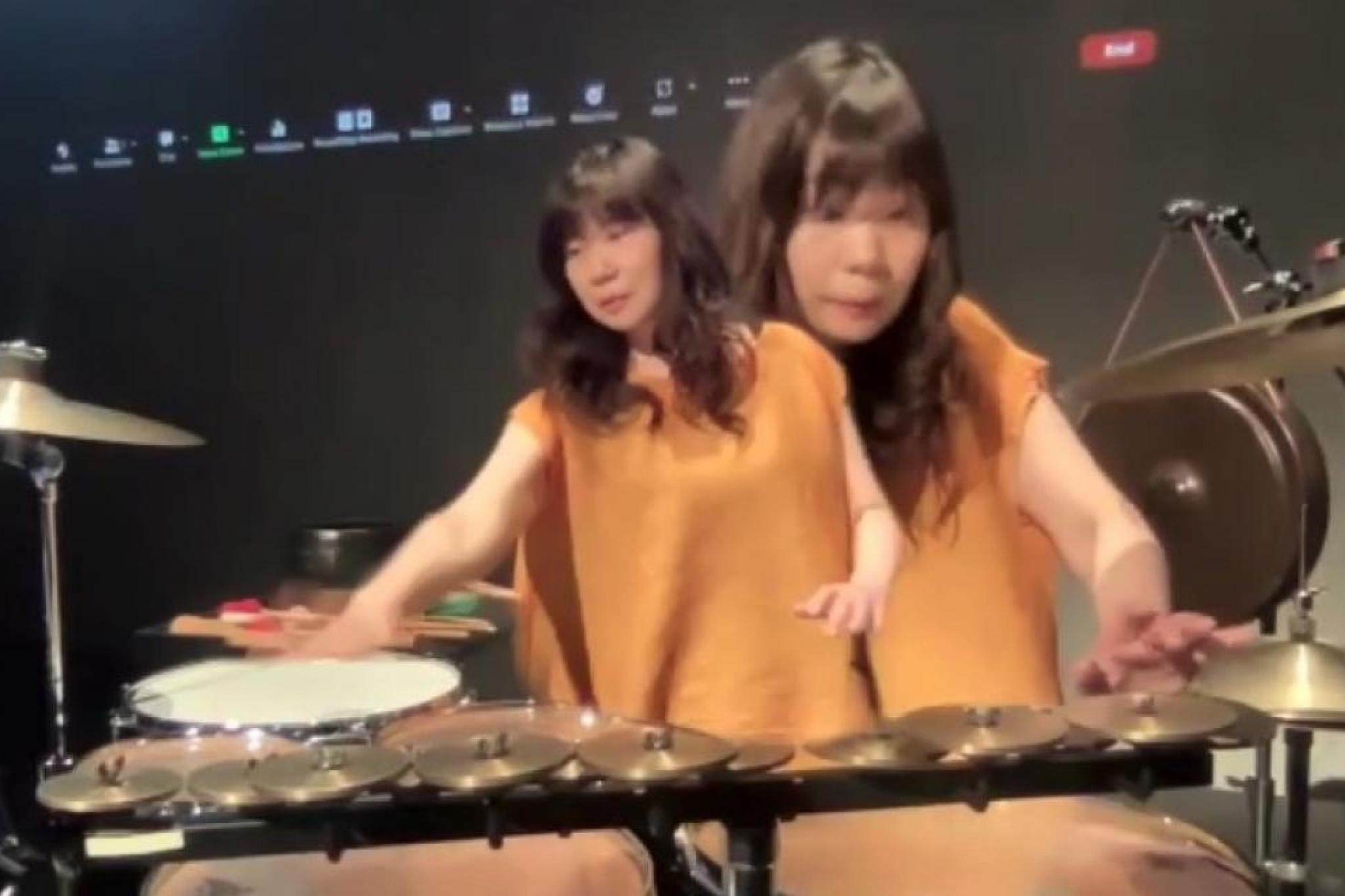 layered image of same person playing percussion 